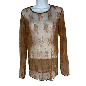 Yamili Long Sleeve Sheer Lace Top Women’s Size Large Coffee Floral Slim Romantic